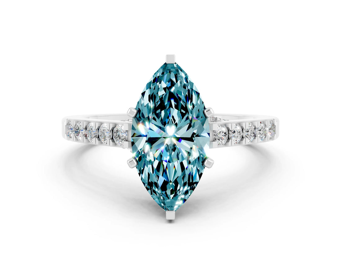 White gold Marquise Cut Diamond Solitaire Ring with Pavé Band and Prong Setting