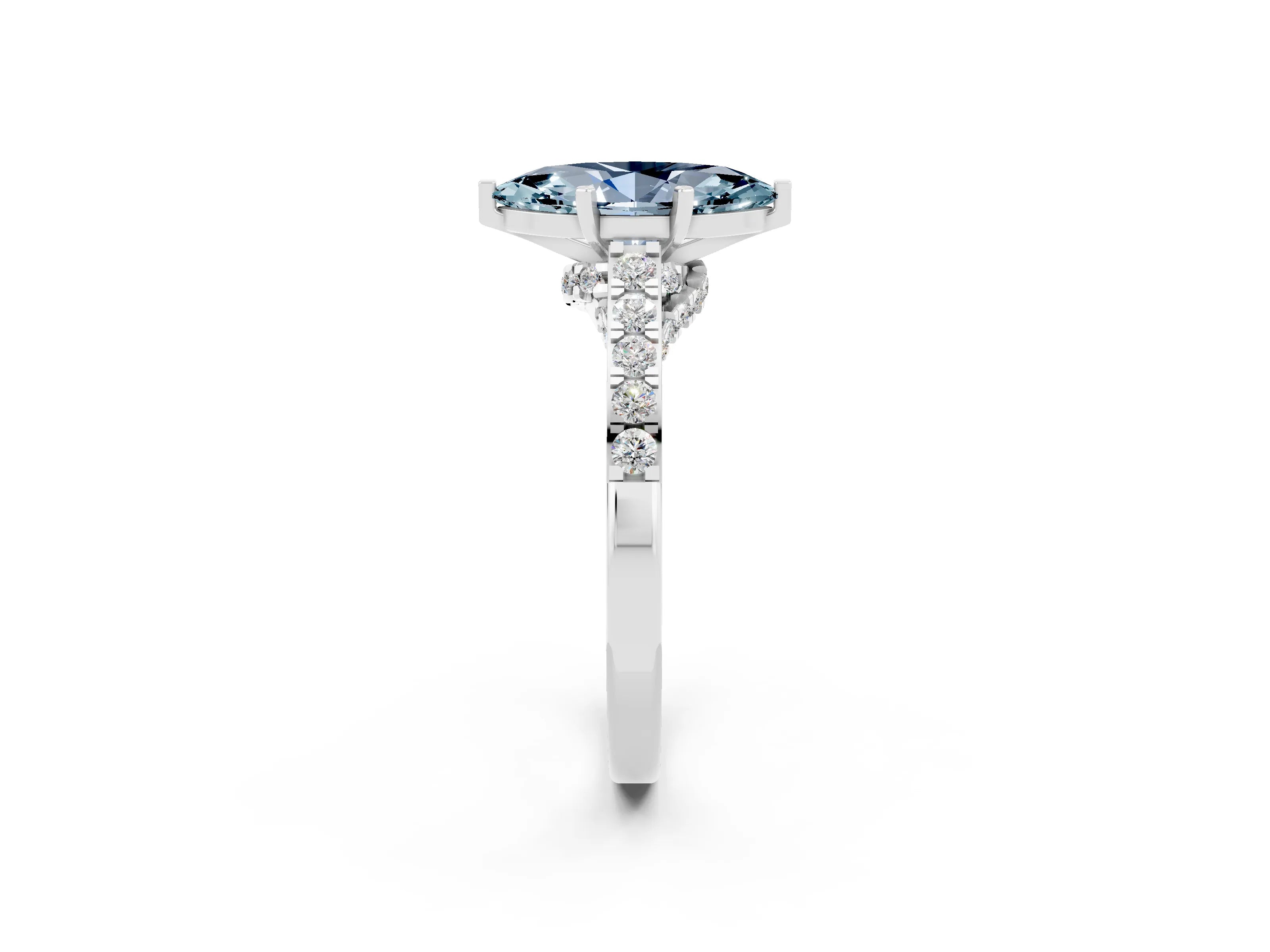 White gold Marquise Cut Diamond Solitaire Ring with Pavé Band and Prong Setting_2