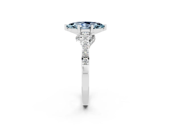 Platinum Marquise Cut Aquamarine Solitaire Ring with Crossover Gallery and Round  Pavé Band
