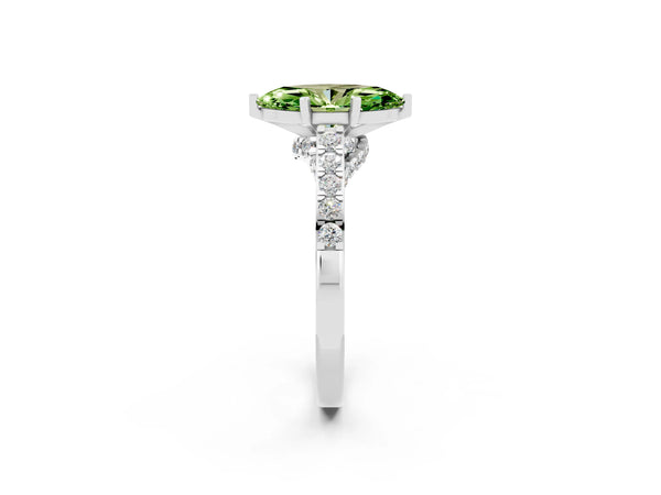 White gold Marquise Cut Peridot Solitaire Ring with Crossover Gallery and Round  Pavé Band