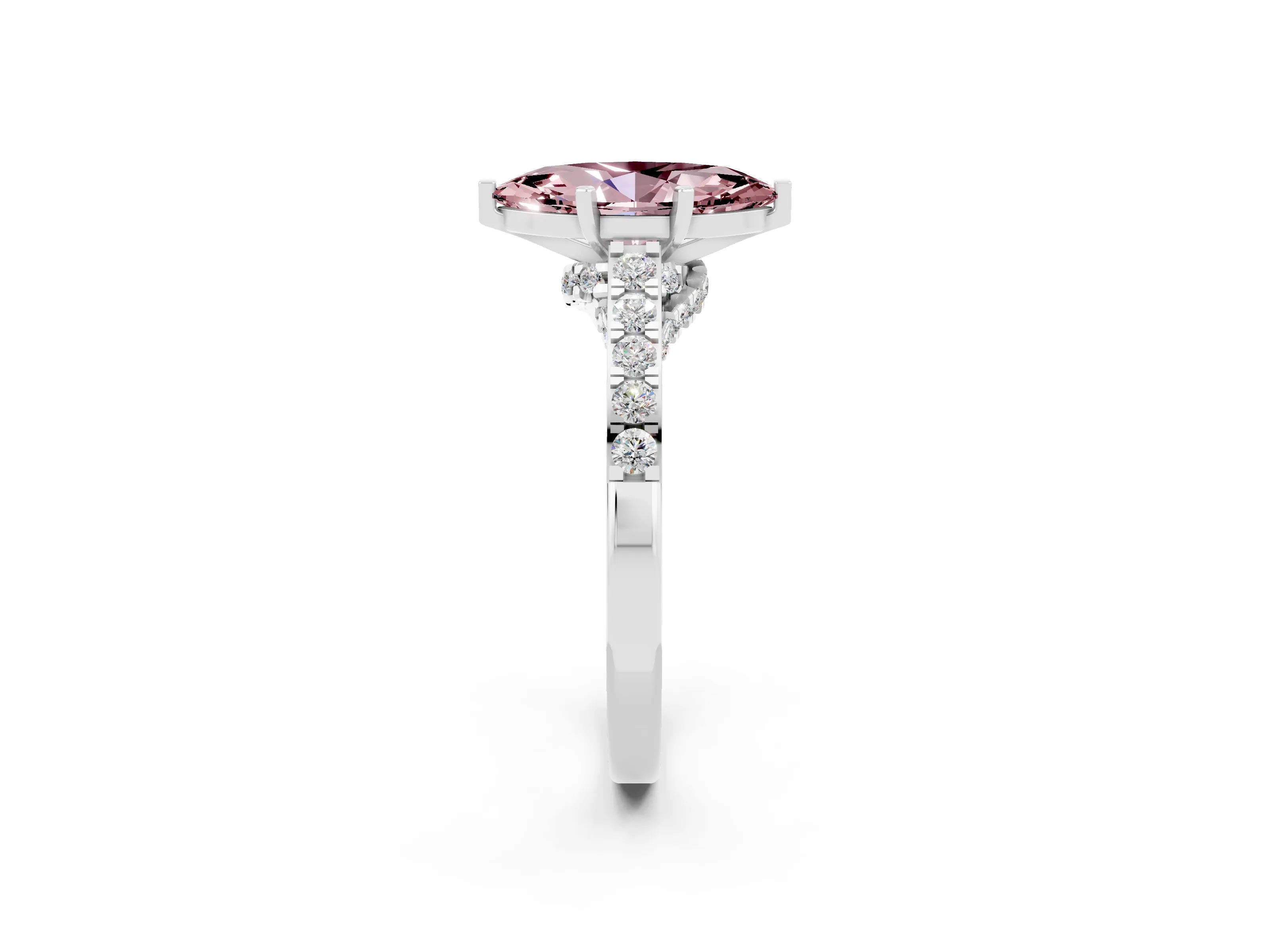 White gold Marquise Cut Diamond Solitaire Ring with Pavé Band and Prong Setting_2