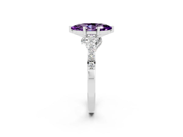Silver Marquise Cut Amethyst Solitaire Ring with Crossover Gallery and Round  Pavé Band