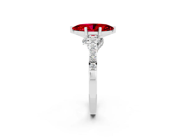 Platinum Marquise Cut Ruby Solitaire Ring with Crossover Gallery and Round  Pavé Band