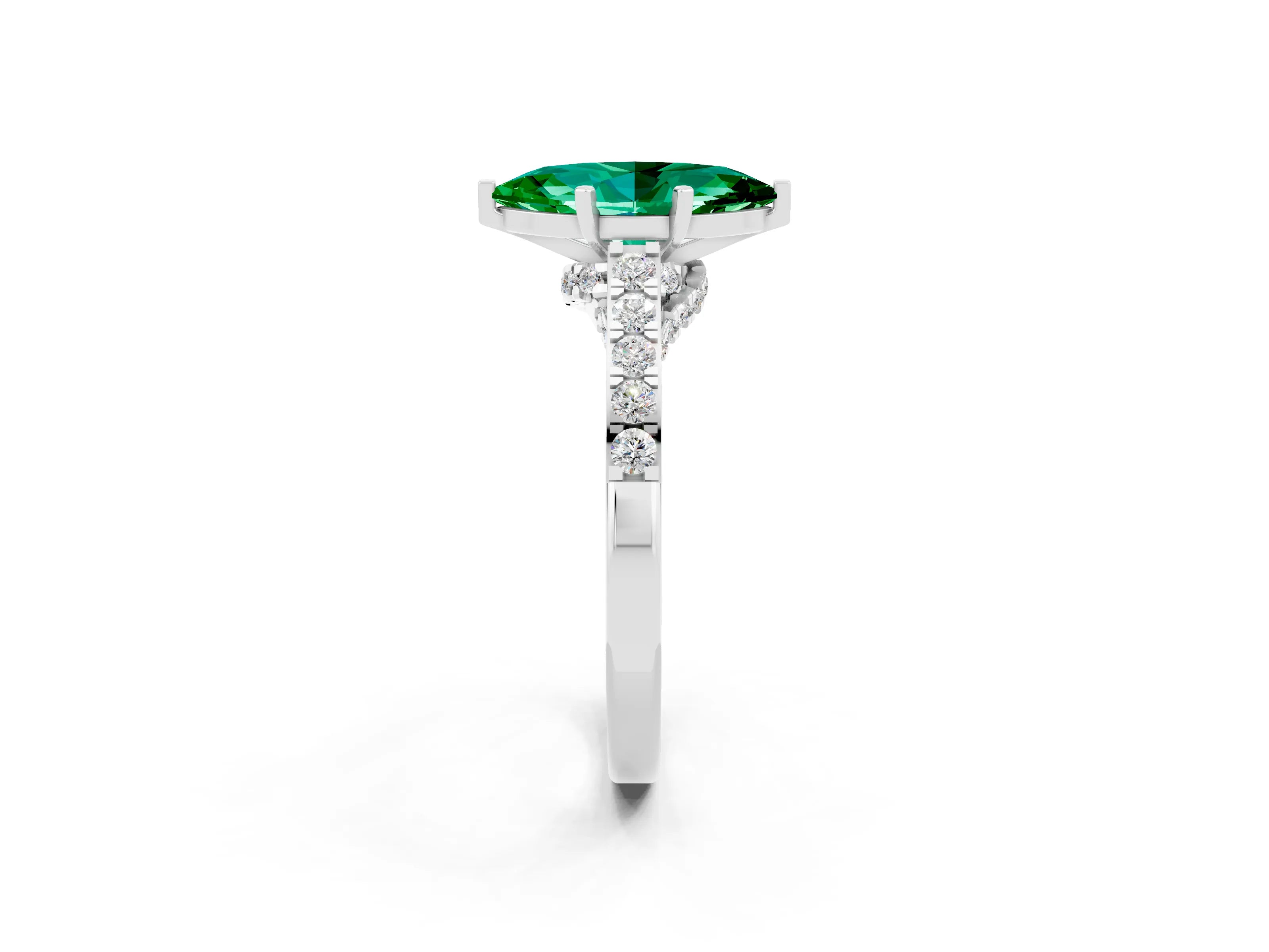 White gold Marquise Cut Diamond Solitaire Ring with Pavé Band and Prong Setting_2