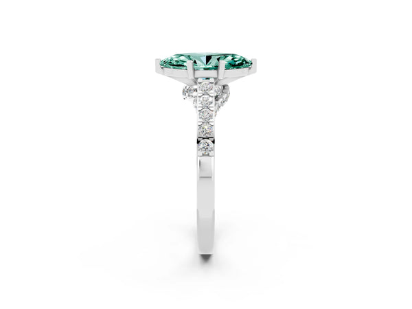 White gold Marquise Cut Green Sapphire Solitaire Ring with Crossover Gallery and Round  Pavé Band