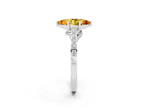 Platinum Marquise Cut Citrine Solitaire Ring with Crossover Gallery and Round  Pavé Band