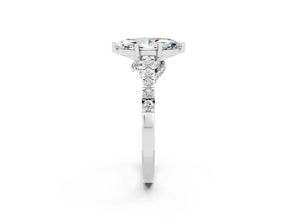Silver Marquise Cut Moissanite Solitaire Ring with Crossover Gallery and Round  Pavé Band
