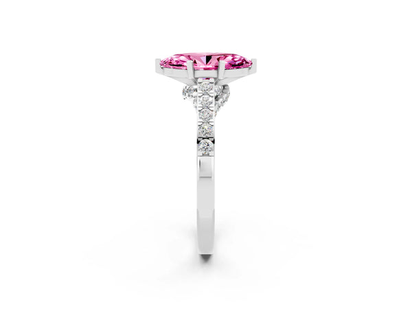 Silver Marquise Cut Pink Sapphire Solitaire Ring with Crossover Gallery and Round  Pavé Band