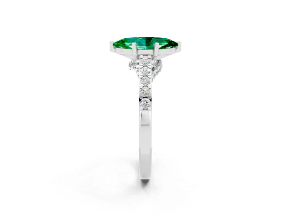 Silver Marquise Cut Emerald Solitaire Ring with Crossover Gallery and Round  Pavé Band