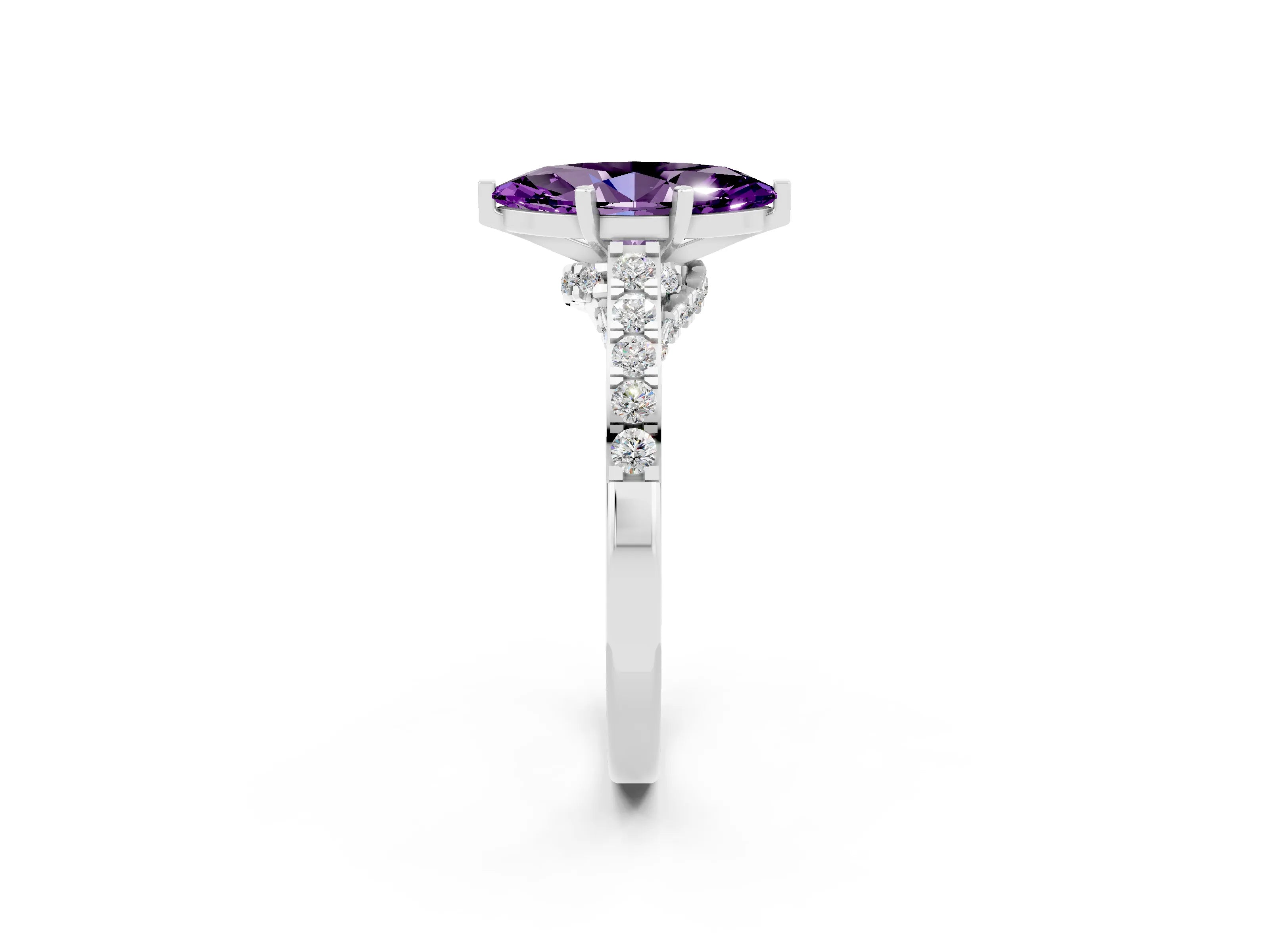 White gold Marquise Cut Diamond Solitaire Ring with Pavé Band and Prong Setting_2