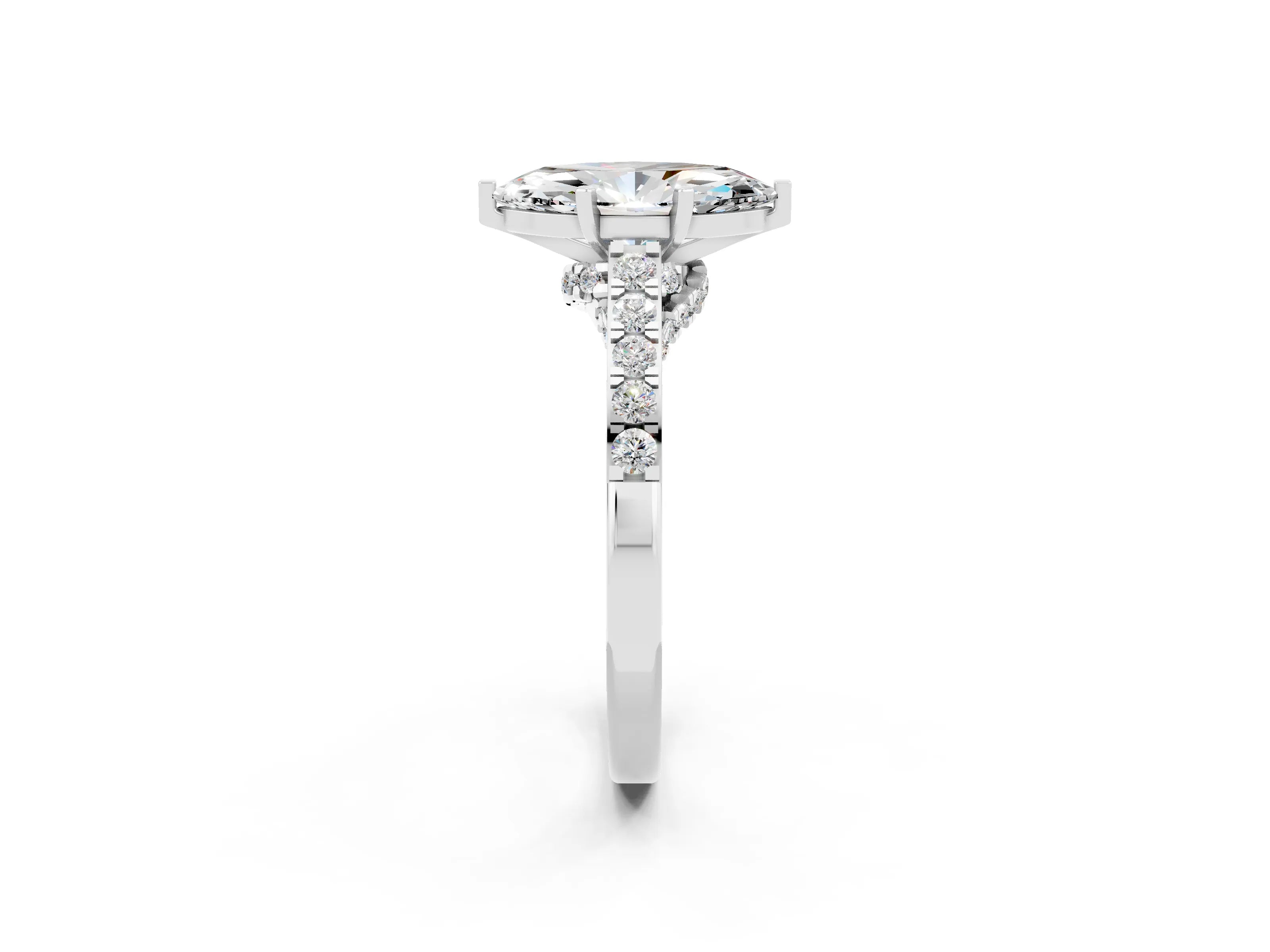 White gold Marquise Cut Diamond Solitaire Ring with Pavé Band and Prong Setting_2