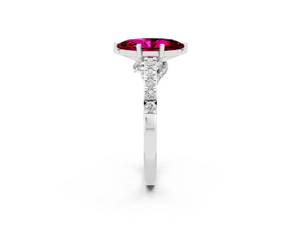 Platinum Marquise Cut Garnet Solitaire Ring with Crossover Gallery and Round  Pavé Band