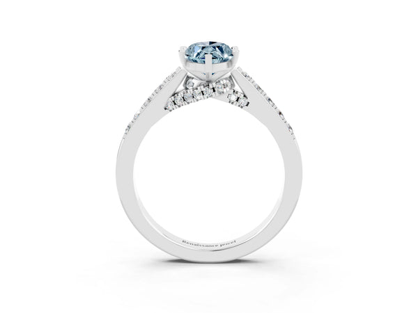 Platinum Marquise Cut Aquamarine Solitaire Ring with Crossover Gallery and Round  Pavé Band