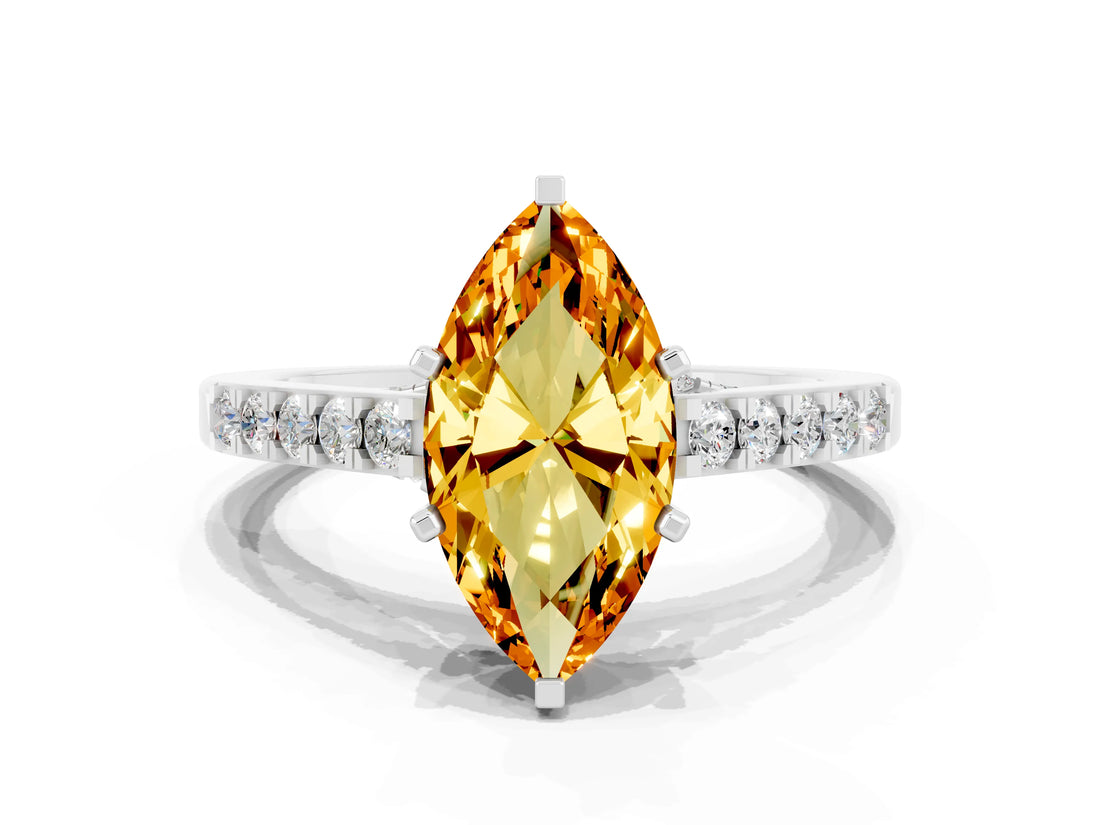 White gold Marquise Cut Diamond Solitaire Ring with Pavé Band and Prong Setting