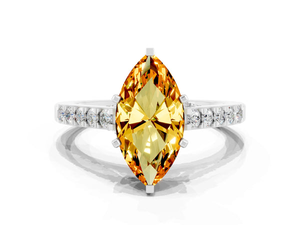 Platinum Marquise Cut Citrine Solitaire Ring with Crossover Gallery and Round  Pavé Band
