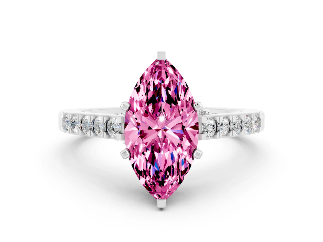White gold Marquise Cut Diamond Solitaire Ring with Pavé Band and Prong Setting