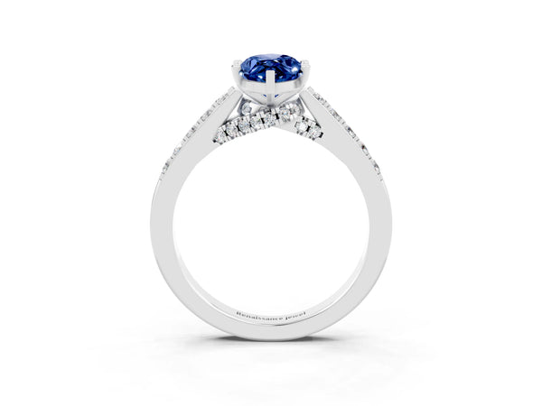 Silver Marquise Cut Blue Sapphire Solitaire Ring with Crossover Gallery and Round  Pavé Band
