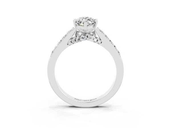 Silver Marquise Cut Moissanite Solitaire Ring with Crossover Gallery and Round  Pavé Band