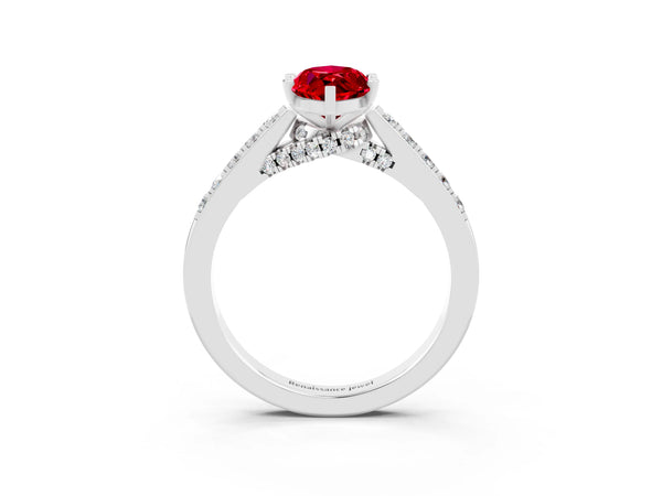 Silver Marquise Cut Ruby Solitaire Ring with Crossover Gallery and Round  Pavé Band