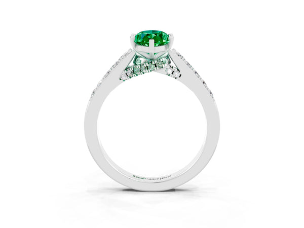 Silver Marquise Cut Emerald Solitaire Ring with Crossover Gallery and Round  Pavé Band