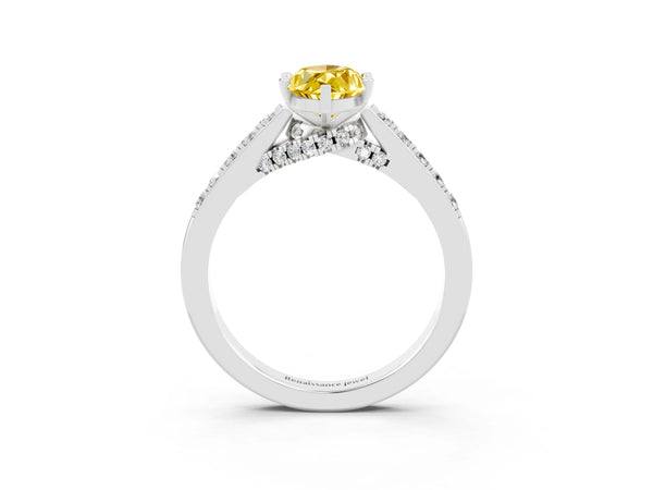 Silver Marquise Cut Yellow Sapphire Solitaire Ring with Crossover Gallery and Round  Pavé Band