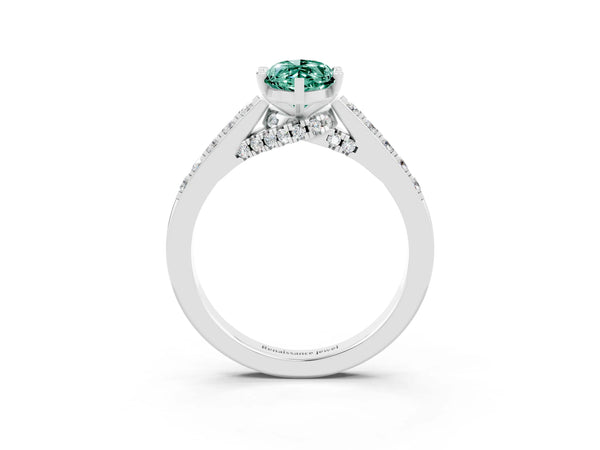 White gold Marquise Cut Green Sapphire Solitaire Ring with Crossover Gallery and Round  Pavé Band