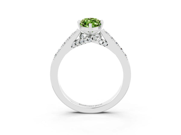 Silver Marquise Cut Peridot Solitaire Ring with Crossover Gallery and Round  Pavé Band