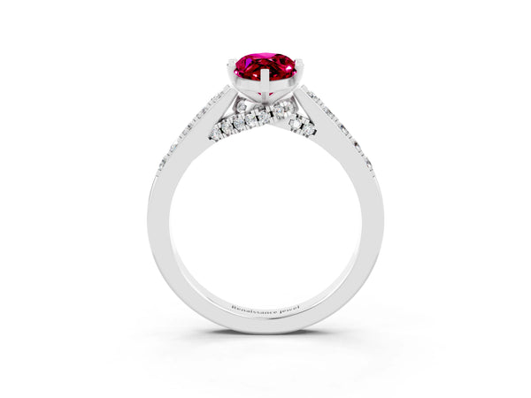 Platinum Marquise Cut Garnet Solitaire Ring with Crossover Gallery and Round  Pavé Band