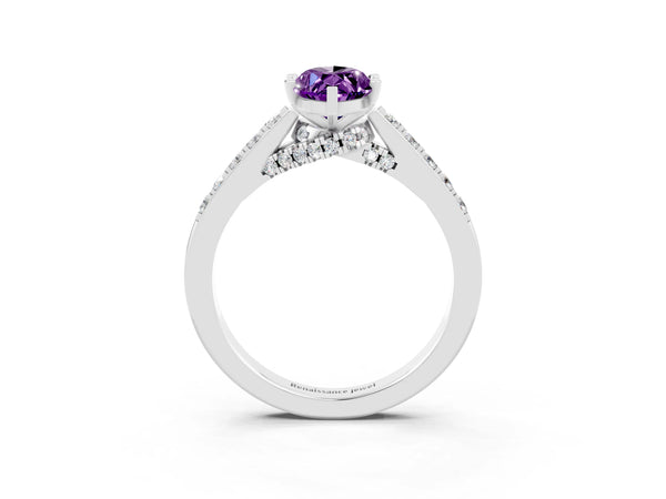 White gold Marquise Cut Amethyst Solitaire Ring with Crossover Gallery and Round  Pavé Band