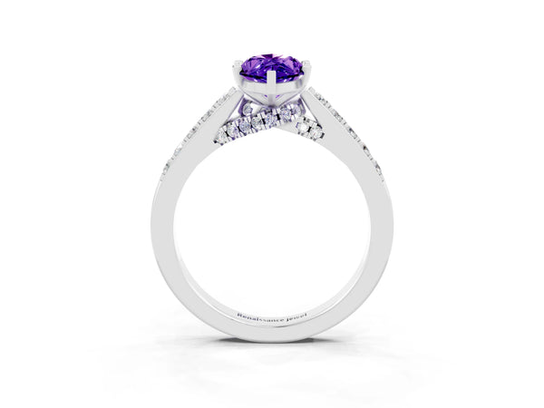 Silver Marquise Cut Tanzanite Solitaire Ring with Crossover Gallery and Round  Pavé Band