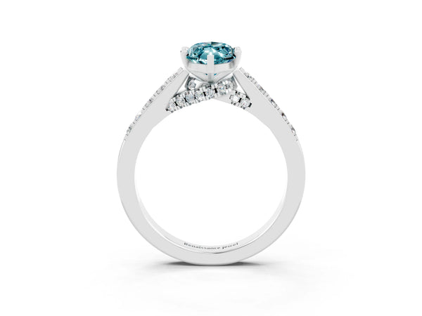 Silver Marquise Cut Blue Topaz Solitaire Ring with Crossover Gallery and Round  Pavé Band