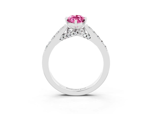 Platinum Marquise Cut Pink Sapphire Solitaire Ring with Crossover Gallery and Round  Pavé Band