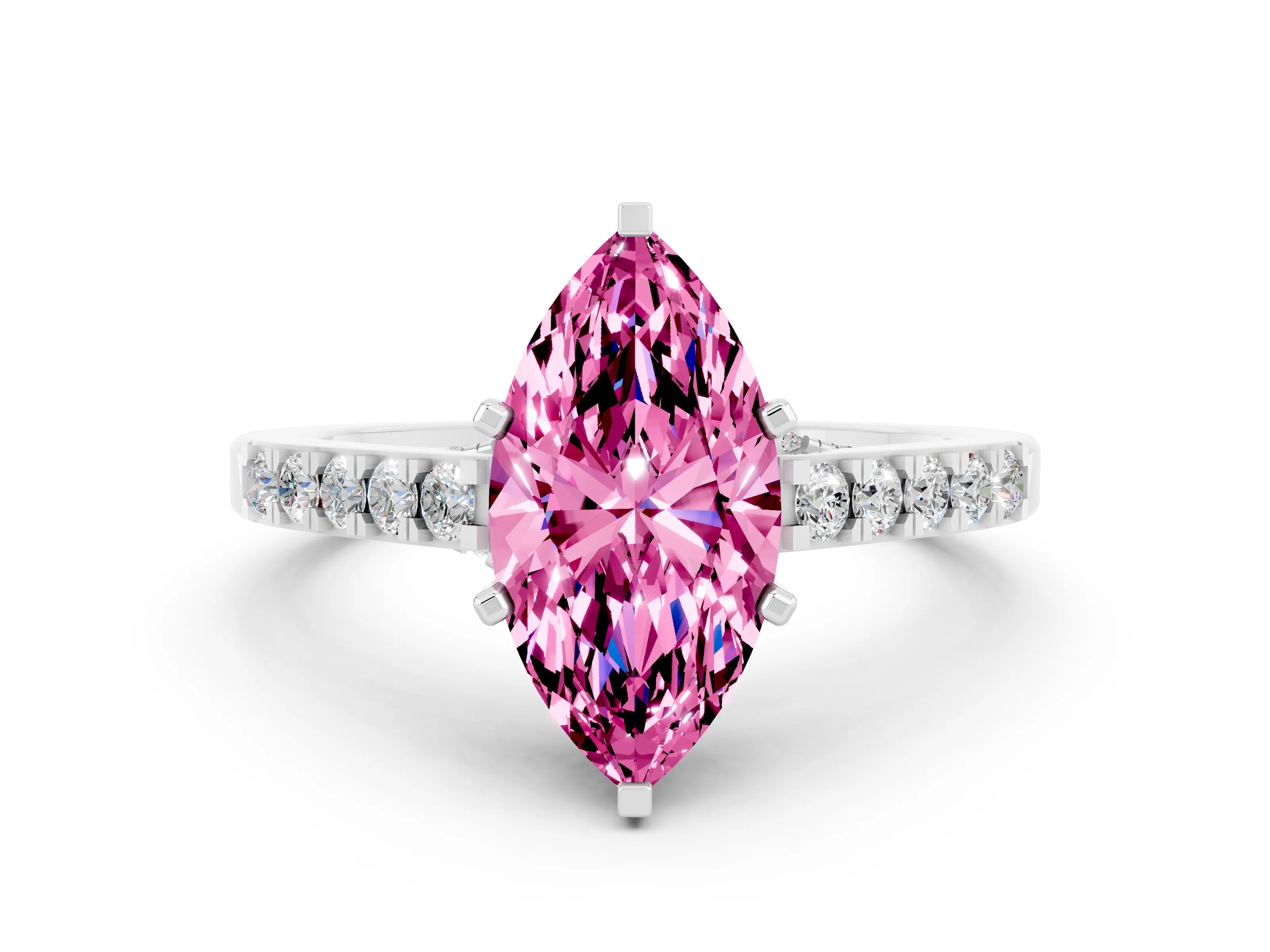 White gold Marquise Cut Diamond Solitaire Ring with Pavé Band and Prong Setting