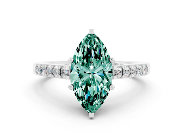 White gold Marquise Cut Green Sapphire Solitaire Ring with Crossover Gallery and Round  Pavé Band