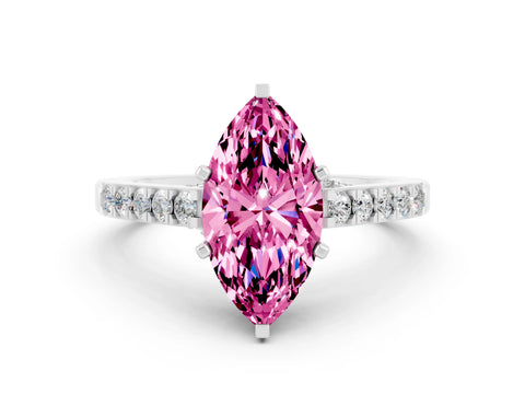 White gold Marquise Cut Diamond Solitaire Ring with Pavé Band and Prong Setting