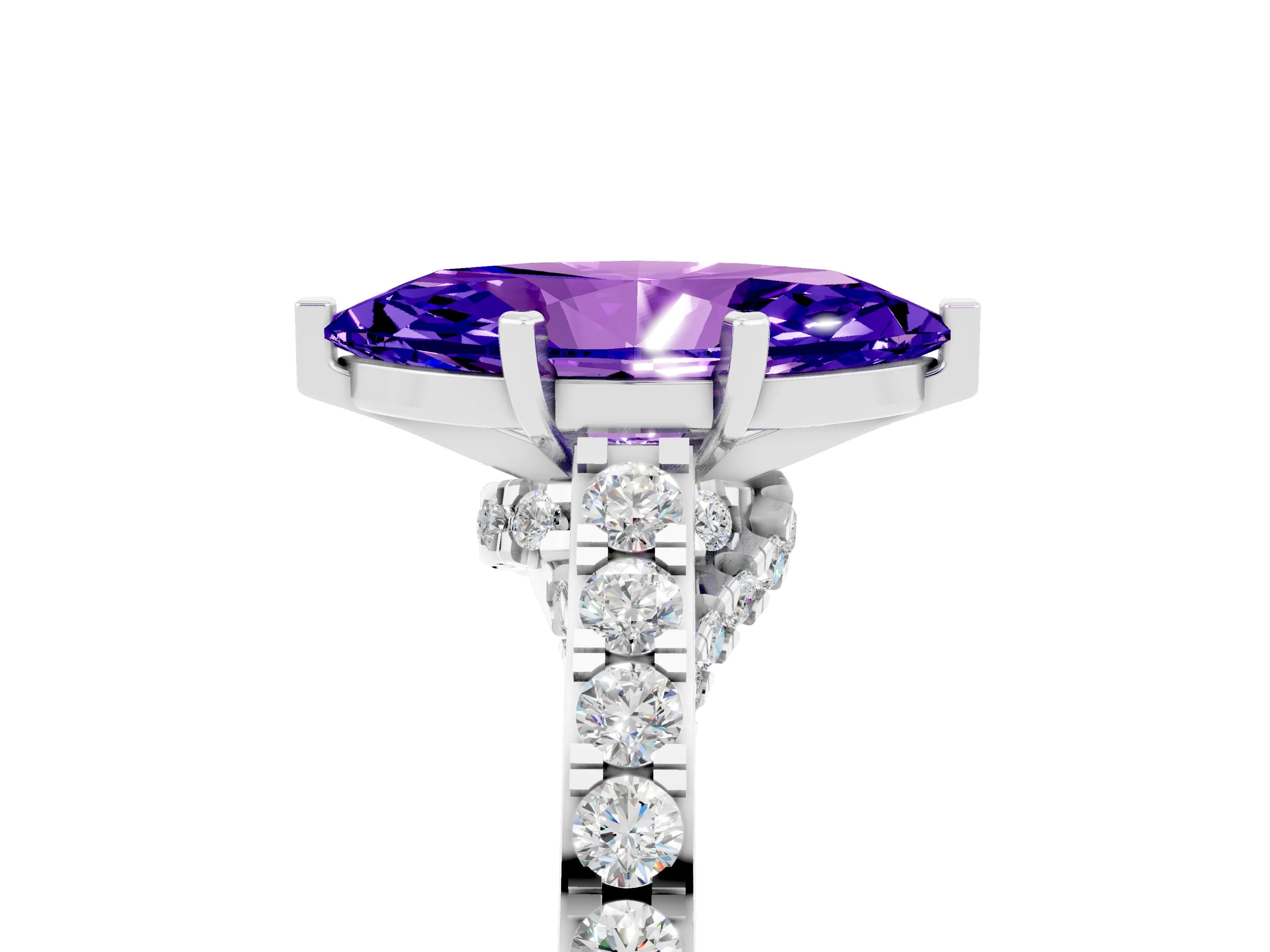 White gold Marquise Cut Diamond Solitaire Ring with Pavé Band and Prong Setting_5