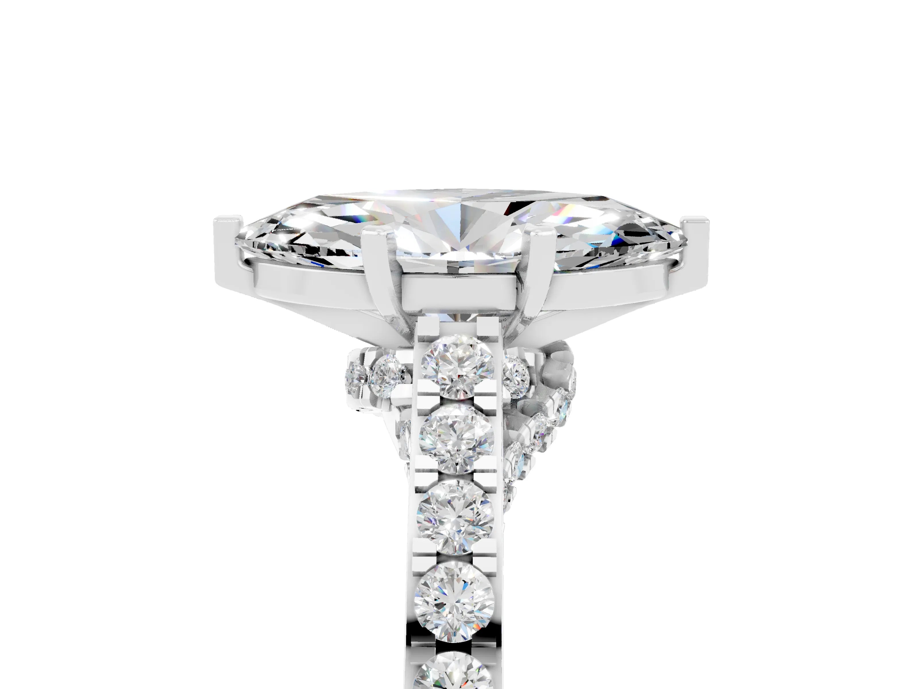 White gold Marquise Cut Diamond Solitaire Ring with Pavé Band and Prong Setting_5