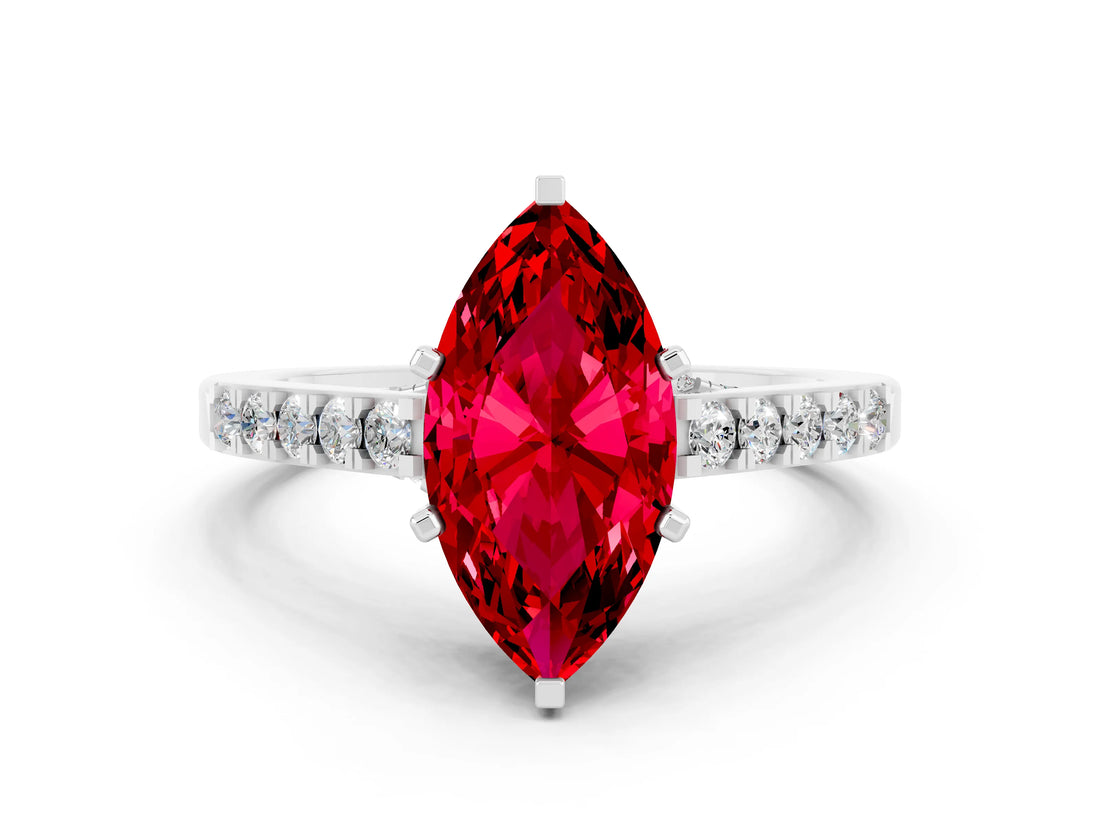 White gold Marquise Cut Diamond Solitaire Ring with Pavé Band and Prong Setting