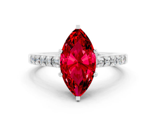 Platinum Marquise Cut Ruby Solitaire Ring with Crossover Gallery and Round  Pavé Band