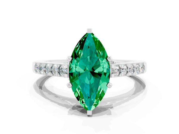 Silver Marquise Cut Emerald Solitaire Ring with Crossover Gallery and Round  Pavé Band