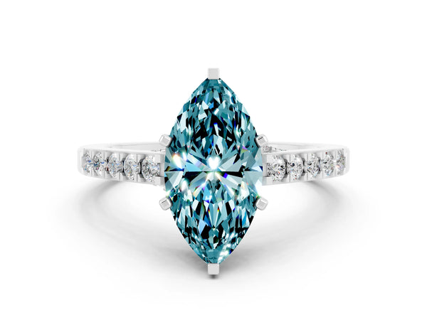 Silver Marquise Cut Blue Topaz Solitaire Ring with Crossover Gallery and Round  Pavé Band