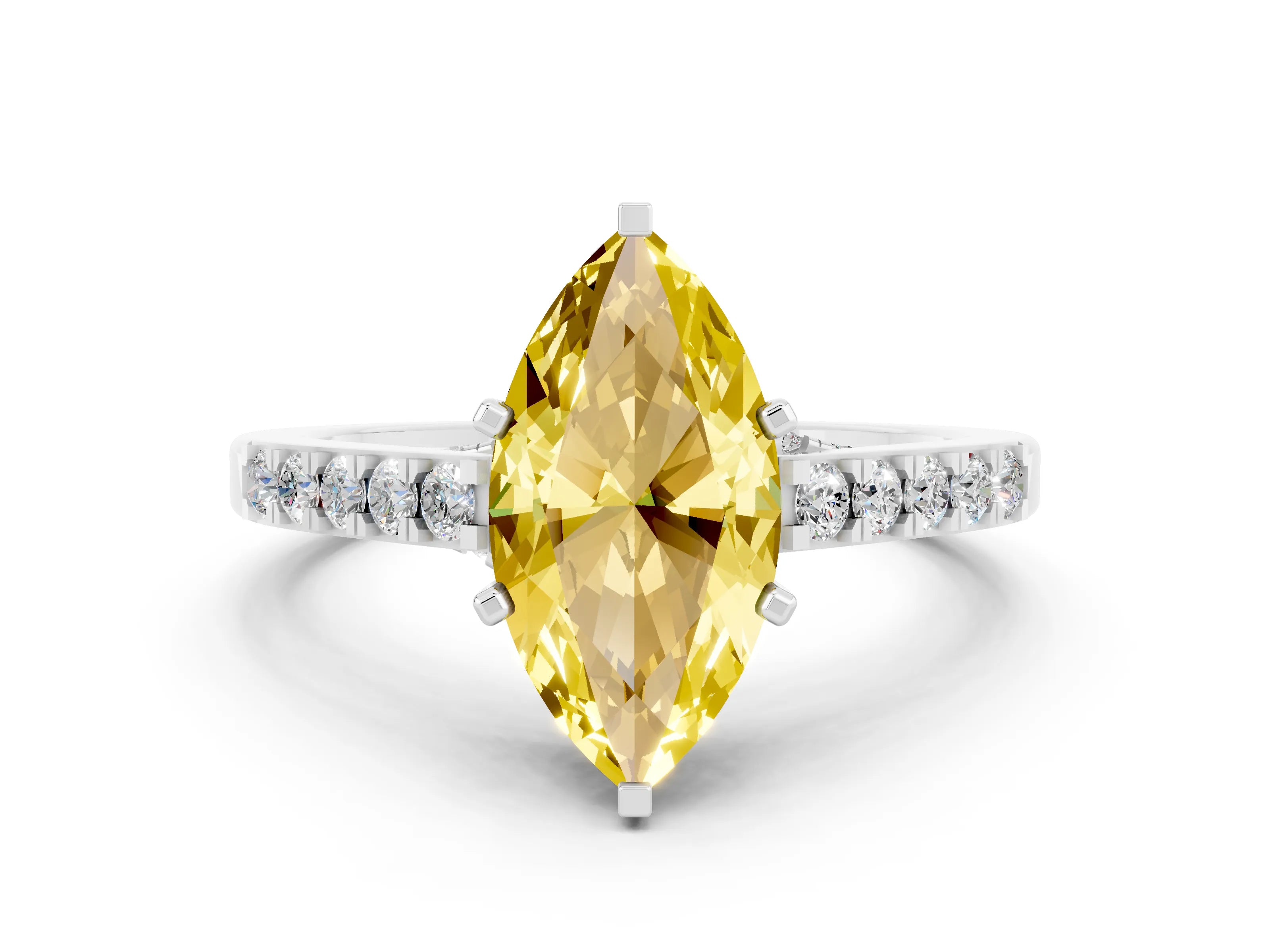 White gold Marquise Cut Diamond Solitaire Ring with Pavé Band and Prong Setting