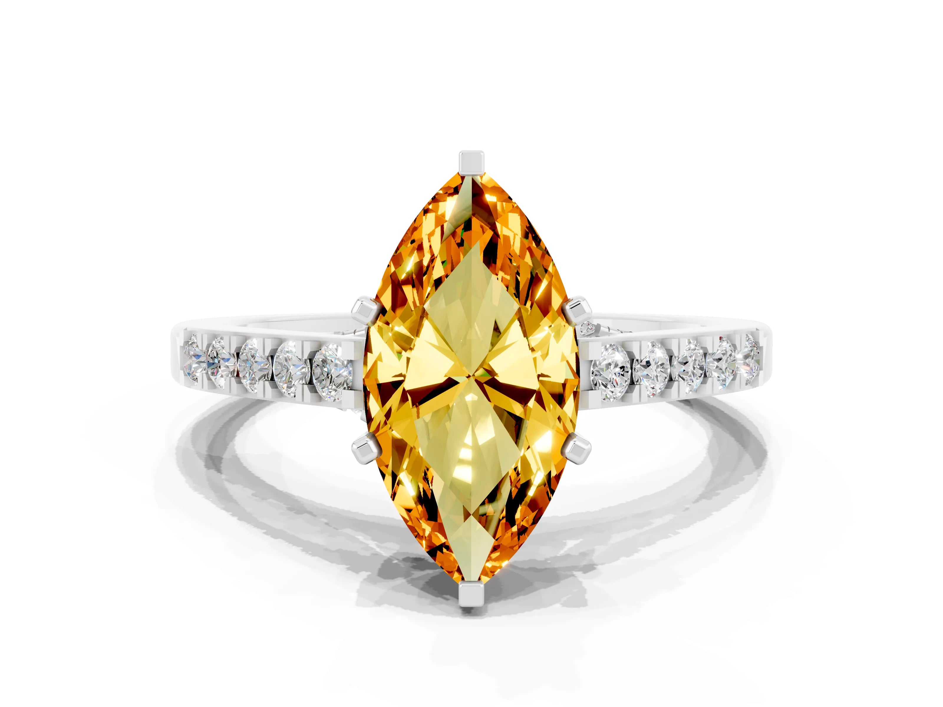 White gold Marquise Cut Diamond Solitaire Ring with Pavé Band and Prong Setting
