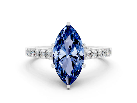 White gold Marquise Cut Diamond Solitaire Ring with Pavé Band and Prong Setting