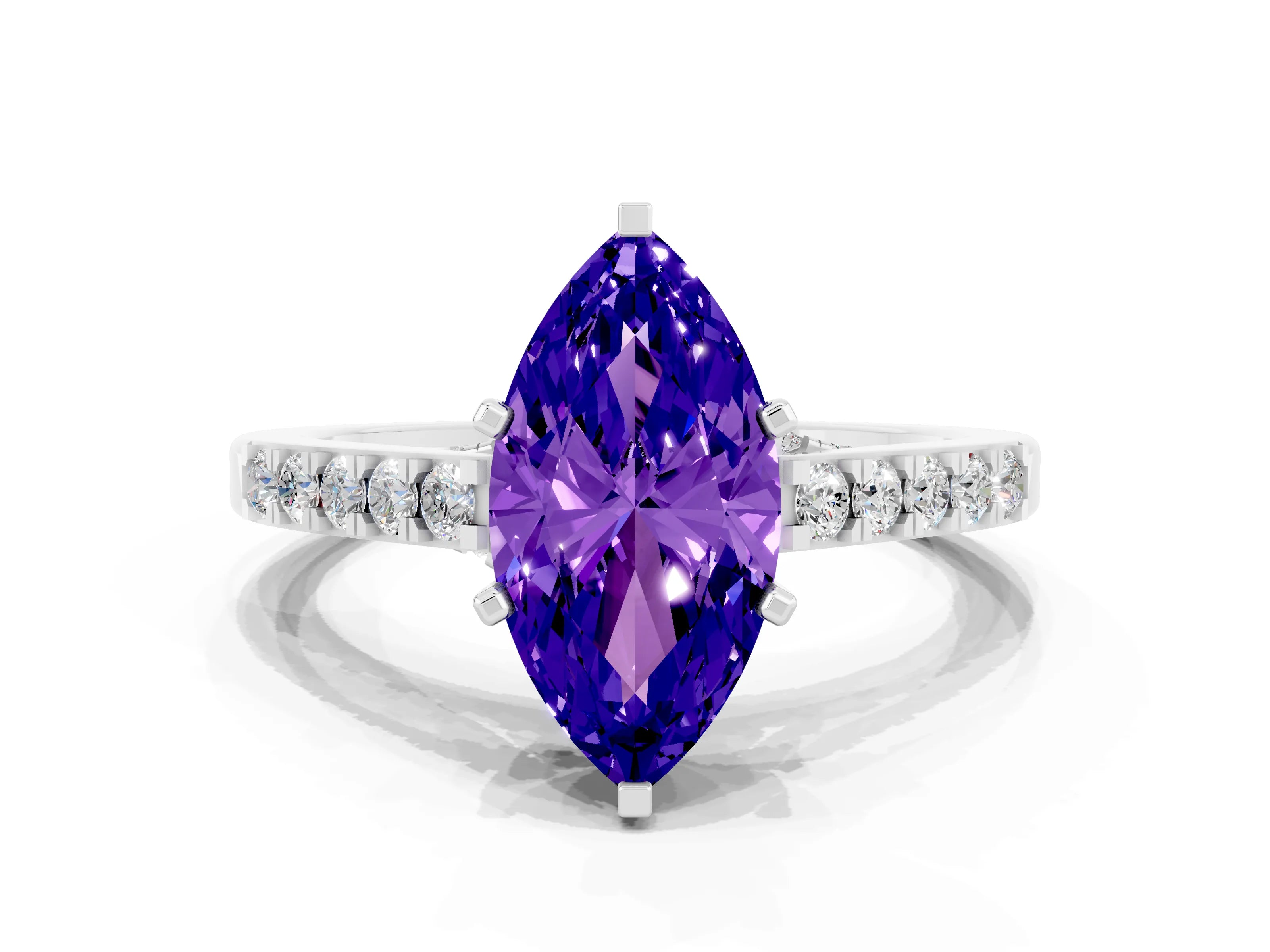 White gold Marquise Cut Diamond Solitaire Ring with Pavé Band and Prong Setting