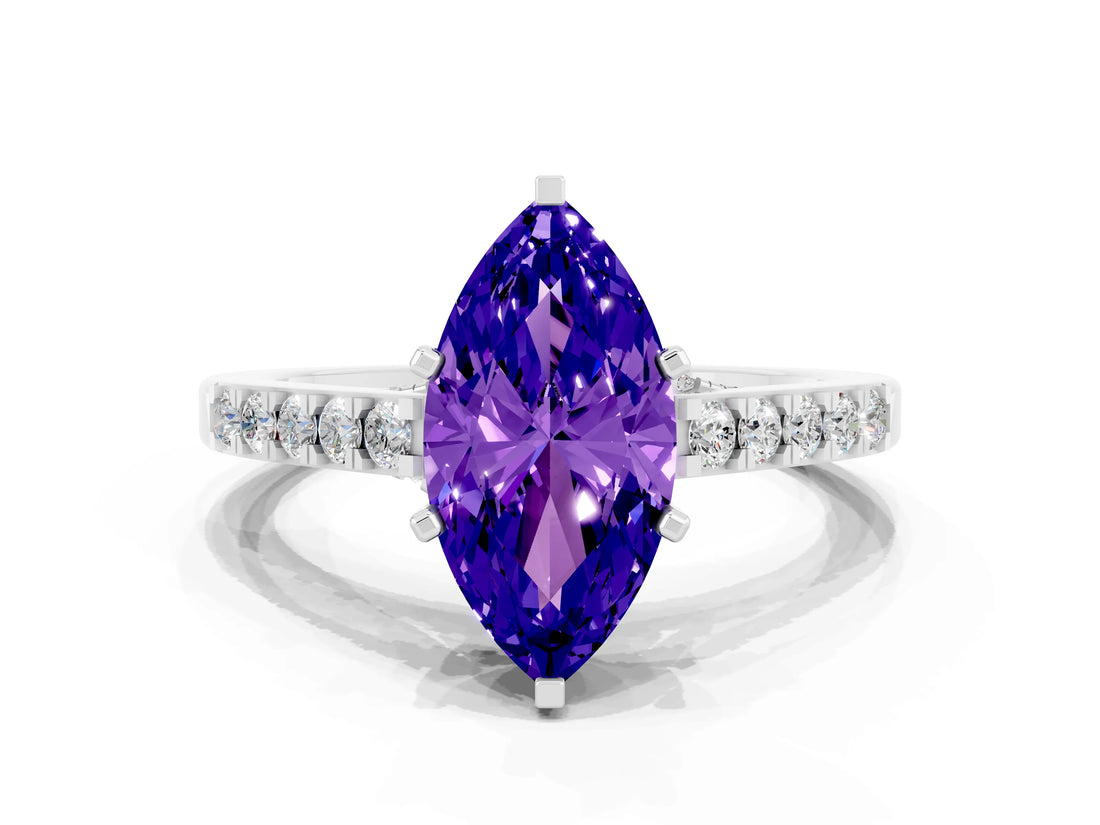 White gold Marquise Cut Diamond Solitaire Ring with Pavé Band and Prong Setting