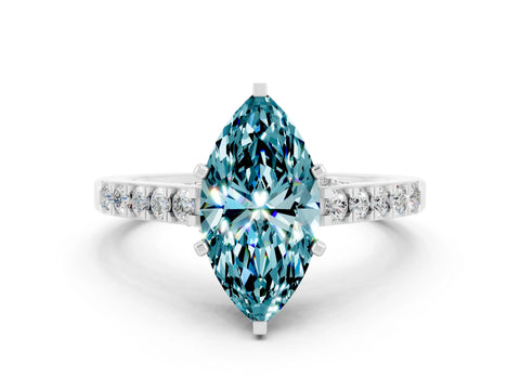White gold Marquise Cut Diamond Solitaire Ring with Pavé Band and Prong Setting