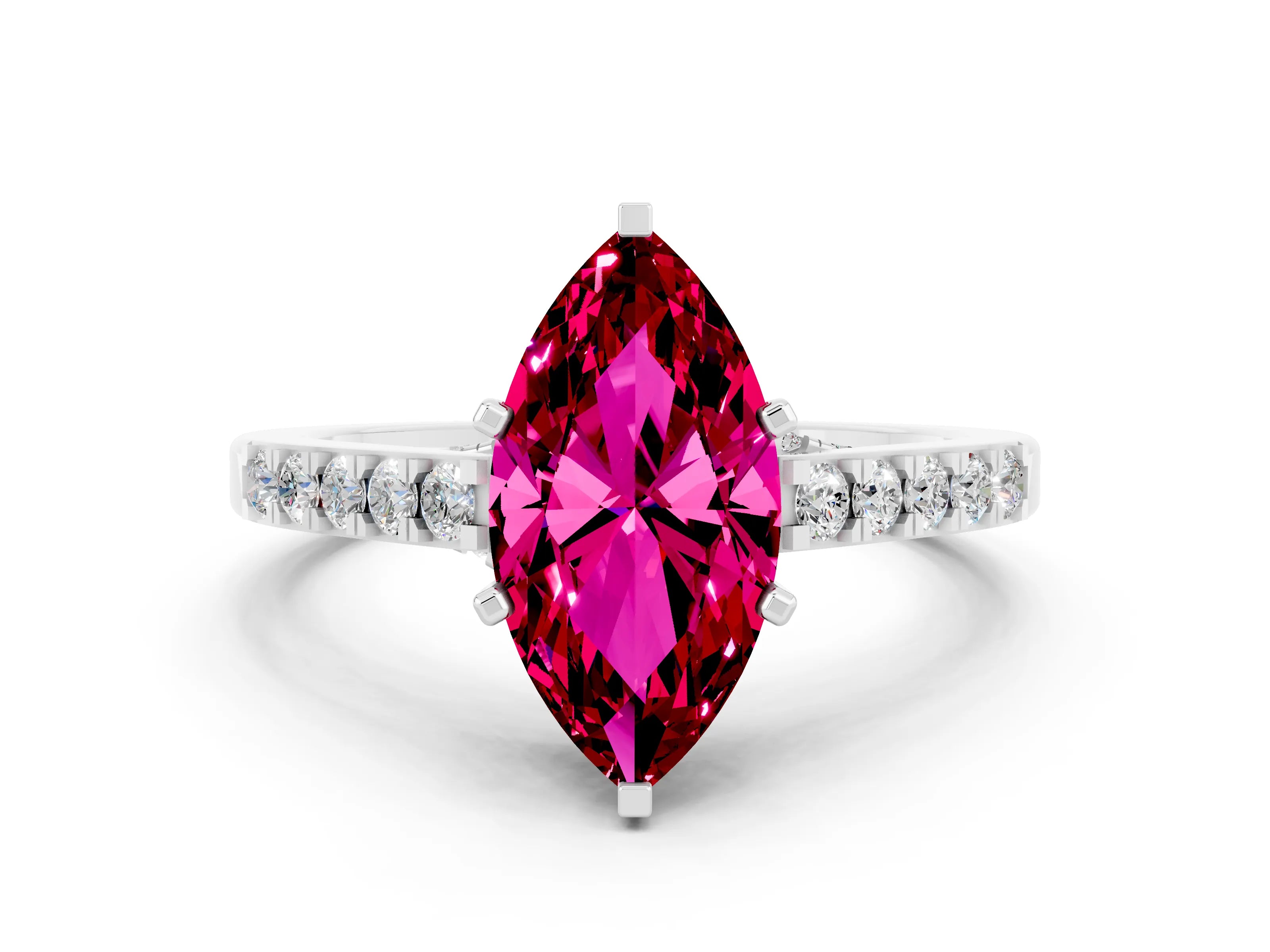 White gold Marquise Cut Diamond Solitaire Ring with Pavé Band and Prong Setting