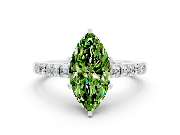 Silver Marquise Cut Peridot Solitaire Ring with Crossover Gallery and Round  Pavé Band