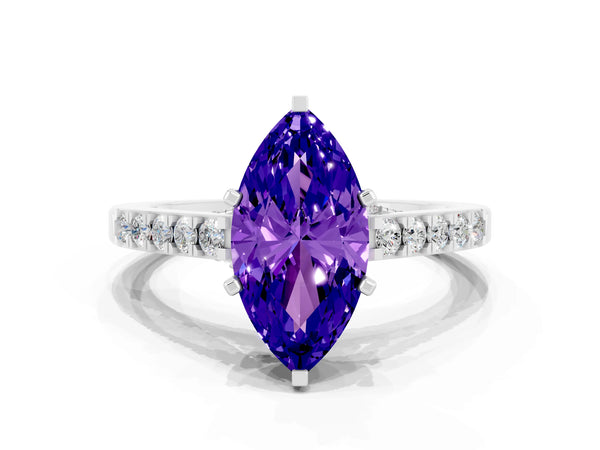White gold Marquise Cut Tanzanite Solitaire Ring with Crossover Gallery and Round  Pavé Band